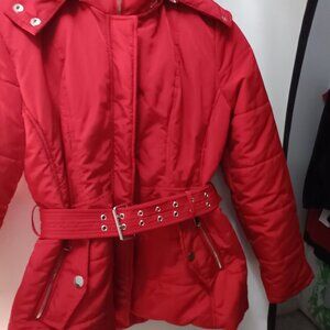 NEW YORK & CO RED PUFFER TYPE JACKET REMOVABLE HOOD ZIPPER & SNAP CLOSURE  SIZE